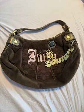 Juicy Couture Brown Suede Shoulder Bag with Logo Charm